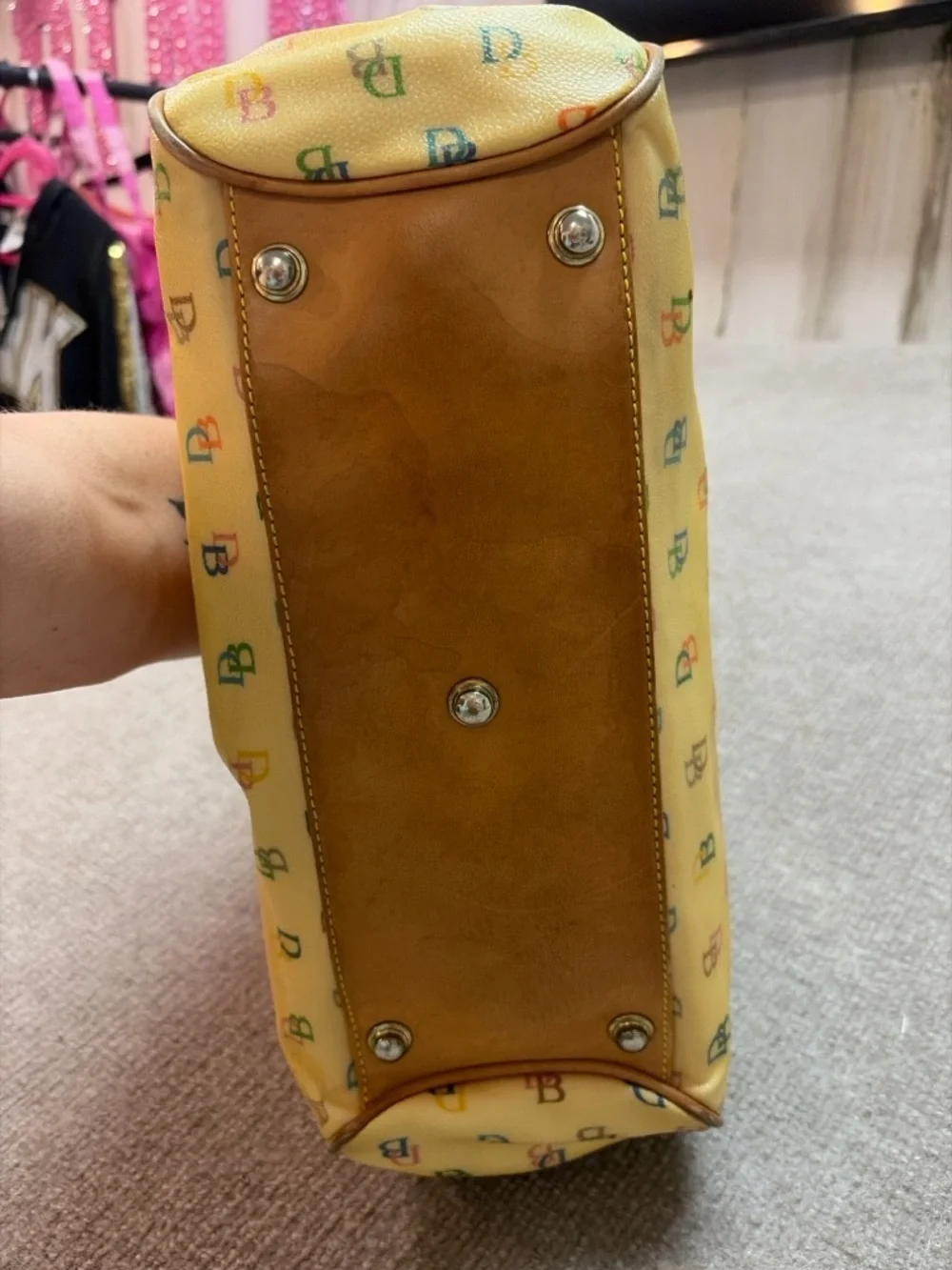Dooney & Bourke Multicolor DB Monogram Satchel Yellow Leather Trim Bag